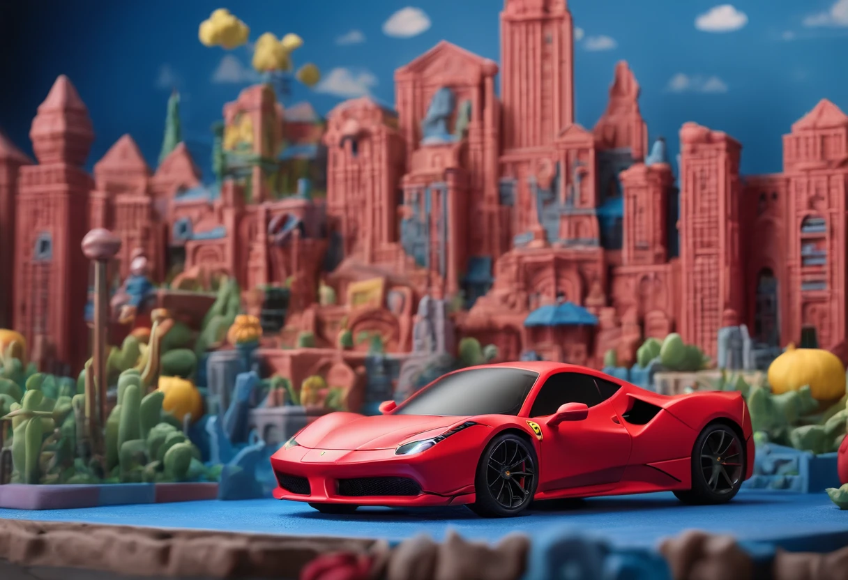 (Best quality, 8k, Masterpiece :1.2), hyper realistic, cyberpunk, at a mountain, an detailed red Ferrari 488, Speeding on the highway, (Facing the audience), The blue skyscraper in the background, at night,