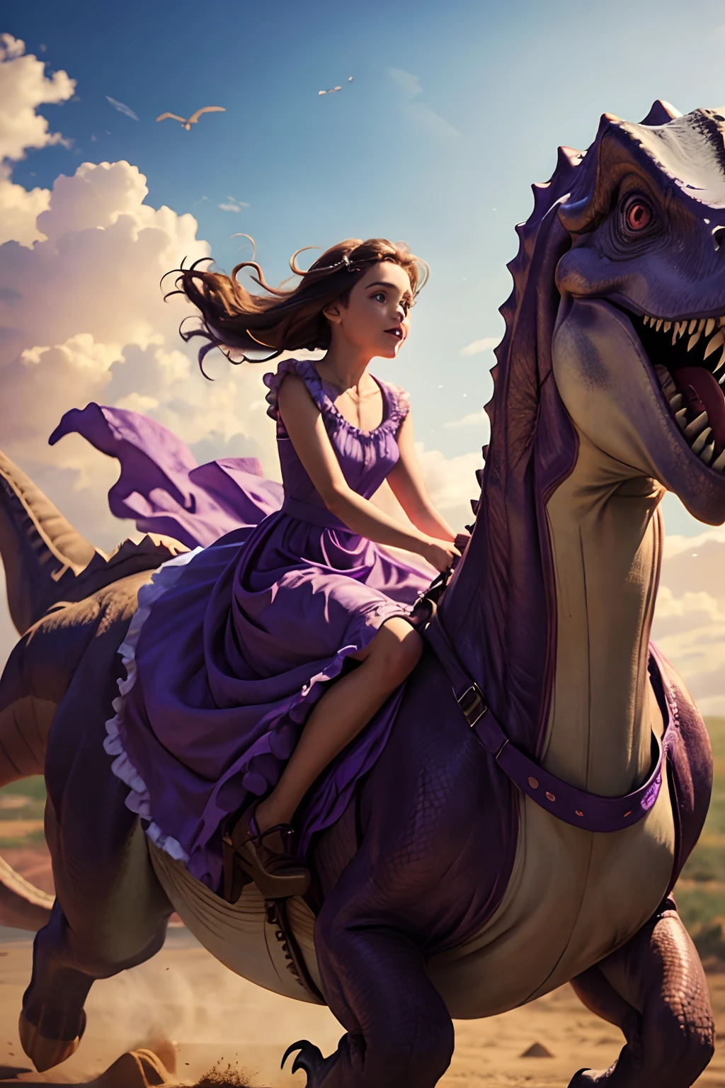 girl wearing purple flowing dress riding on a dinosaur
