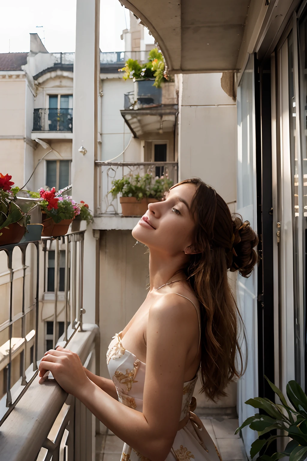 (1female), (((camera is on street level looking up to woman on New Orleans balcony))), she's standing on the balcony looking down to camera, (the balcony is New Orleans ornate iron railing balcony, with hanging flower pots and exquisite detail in craftsmanship:1.2), her long blonde hair over her face, I take a photograph with my Nikon F2, using kodak color 35mm film, deep shadows:1.8, 1970 film beauty, masterpiece:1.4, cinematic, Wyeth, Ed Ruscha, Robert Adams, Bill Owens, and Lee Friedlander ,agnes varda, she stands on balcony looking lovingly towards us, (She is wearing a stunning evening couture gown,) , she's in shadow, perfect hands and fingers, we look up to her, Juliet on a balcony, gorgeous woman, (the sunlight lights balcony:1.4), foreplay:1.5, she's provocatively smiling, tantalizing, taken from an distance, spectacular, stunning woman:1.2,, sweat glistening:1.2,steamy, sun backlit: 1.3, loving moment, a couple in love, Make sure the image captures elegance, The modernity and sophistication of this woman, charming small street, looking up at stunning woman on balcony,