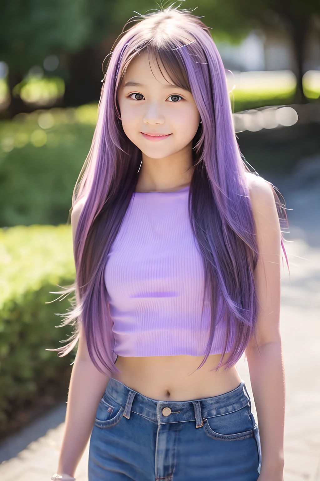 10 year old girl with long hair, Adorable, Light purple top.