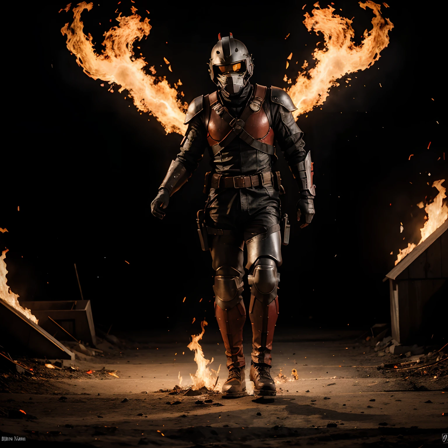 Flaming Wolfenstein soldier, on fire, flames, menacing, evil, villainous, full body, armor, full face mask, Wolfenstein style armor, helmet, Wolfenstein, high resolution, detailed, 4k, anime style, walking through fire, fire, hell Wolfenstein soldier, big fire, walking on fire, walking while on fire, anime style, line art