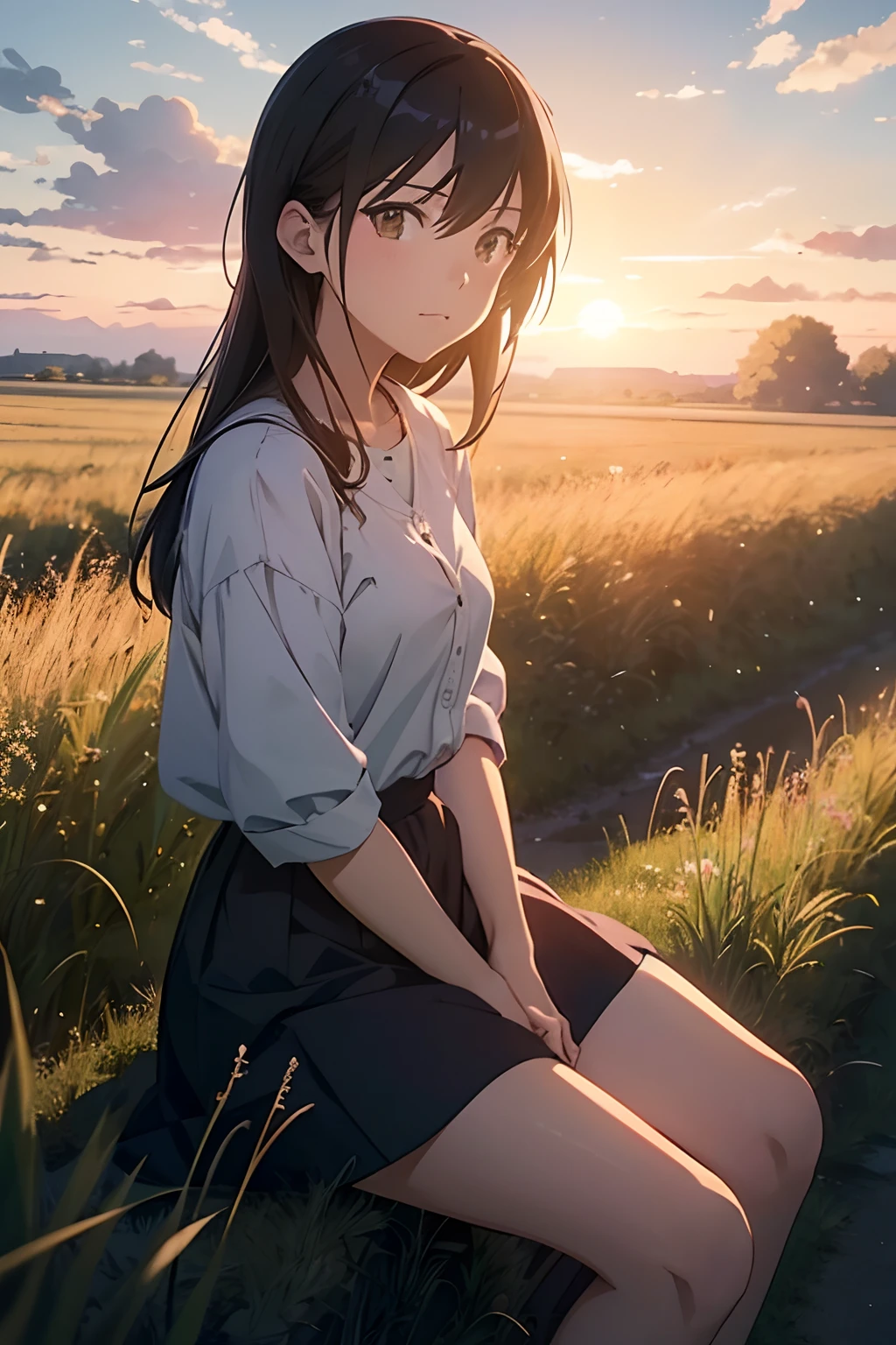 anime girl sitting in a field looking at the sunset, an anime drawing inspired by Makoto Shinkai, trending on cg society, serial art, watching the sun set. anime, ilya kuvshinov landscape, makoto shinkai art style, style of makoto shinkai, in style of makoto shinkai, makoto shinkai!, lofi girl