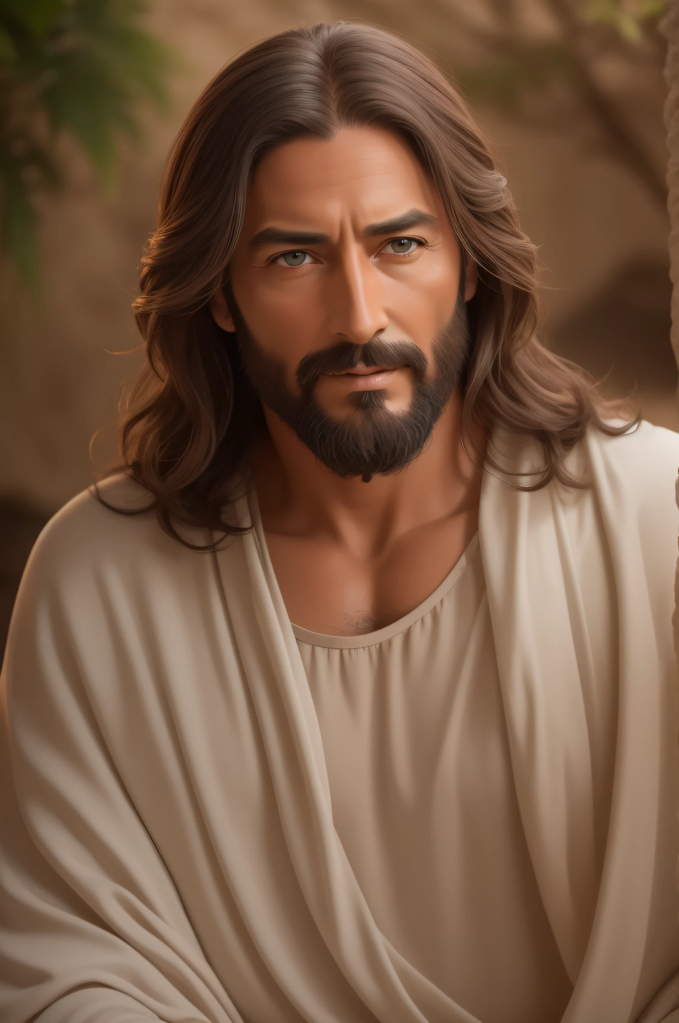 Gere uma imagem de Jesus estilo realista, The paradise of the celestial background , olhando para frente .com longos cabelos castanhos e barba. His eyes are kind and expressive,, garanta que a imagem seja de alta qualidade e rica em detalhes, capturing the essence of Jesus , pele altamente detalhada: 1,2 8k uhd , 20MP, Fujifilm XT3, 80mm