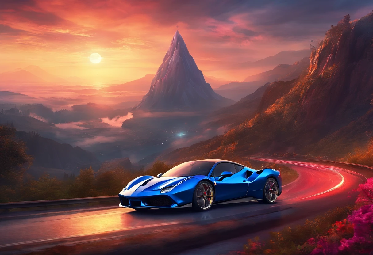 (Best quality, 8k, Masterpiece :1.2), hyper realistic, cyberpunk, at a mountain, an detailed red Ferrari 488, Speeding on the highway, (Facing the audience), The blue skyscraper in the background, at night,