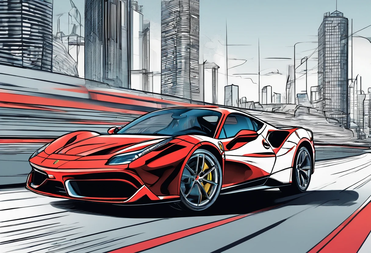 (Best quality, 8k, Masterpiece :1.2), hyper realistic, cyberpunk, at a mountain, an detailed red Ferrari 488, Speeding on the highway, (Facing the audience), The blue skyscraper in the background, at night,