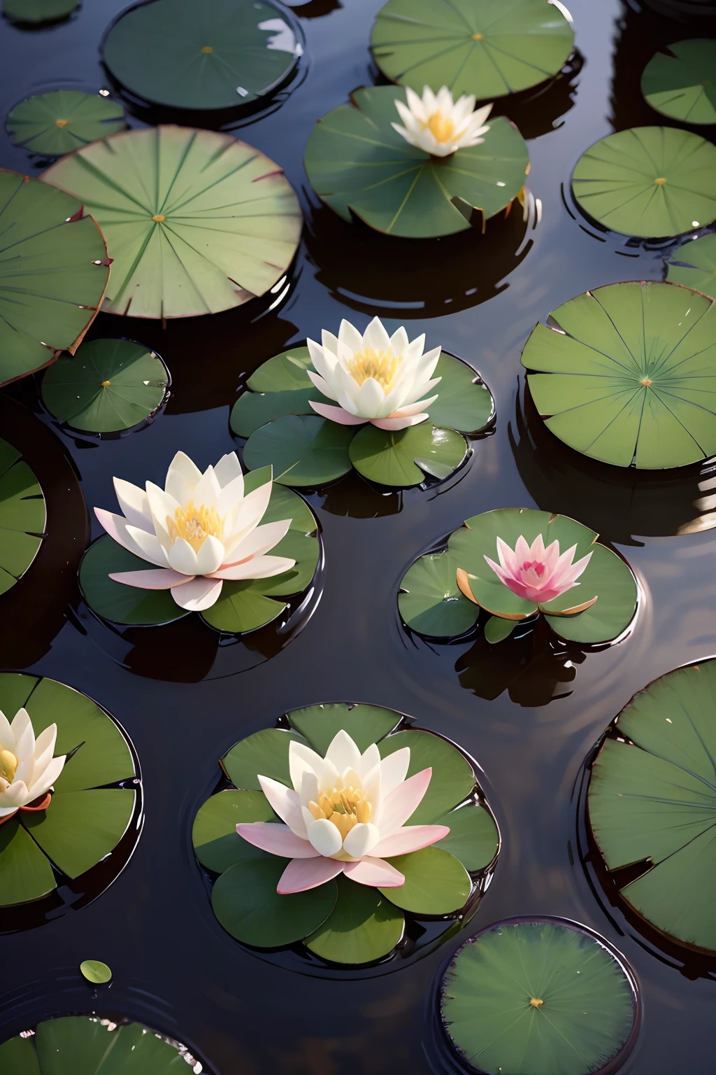a close up of a pond with water lilies and a sun, a photorealistic painting by Yang J, unsplash, digital art, water lilies, floathing underwater in a lake, lily pads, aquatic plants, underwater plants, in a pond, lotus pond, alpine pond with water lilies, lotus flowers on the water, beautiful depiction, waterlily pads, beautiful nature
