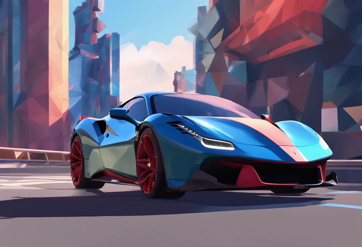 (Best quality, 8k, Masterpiece :1.2), hyper realistic, cyberpunk, at a mountain, an detailed red Ferrari 488, Speeding on the highway, (Facing the audience), The blue skyscraper in the background, at night,