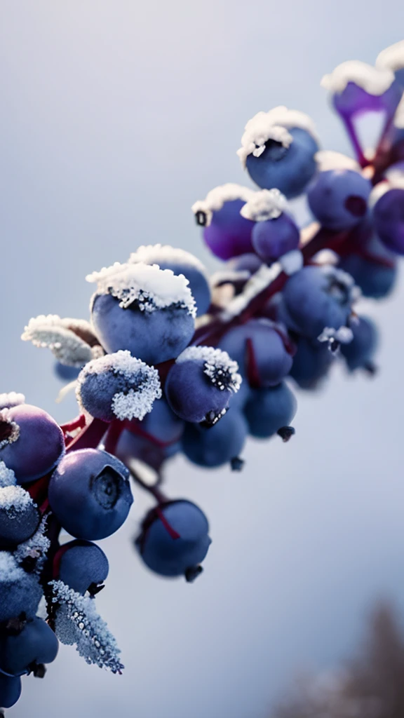 On the frozen branches grow purple blueberries，There is frost on the blueberries，Early winter weather，Blur hazy background，first person perspective