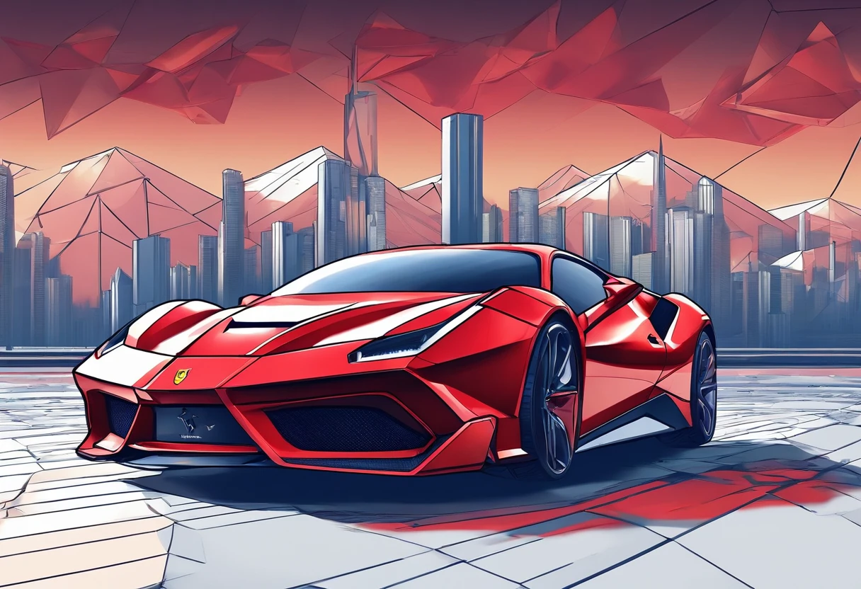 (Best quality, 8k, Masterpiece :1.2), hyper realistic, cyberpunk, at a mountain, an detailed red Ferrari 488, Speeding on the highway, (Facing the audience), The blue skyscraper in the background, at night,
