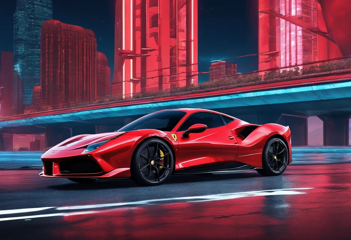 (Best quality, 8k, Masterpiece :1.2), hyper realistic, cyberpunk, at a mountain, an detailed red Ferrari 488, Speeding on the highway, (Facing the audience), The blue skyscraper in the background, at night,