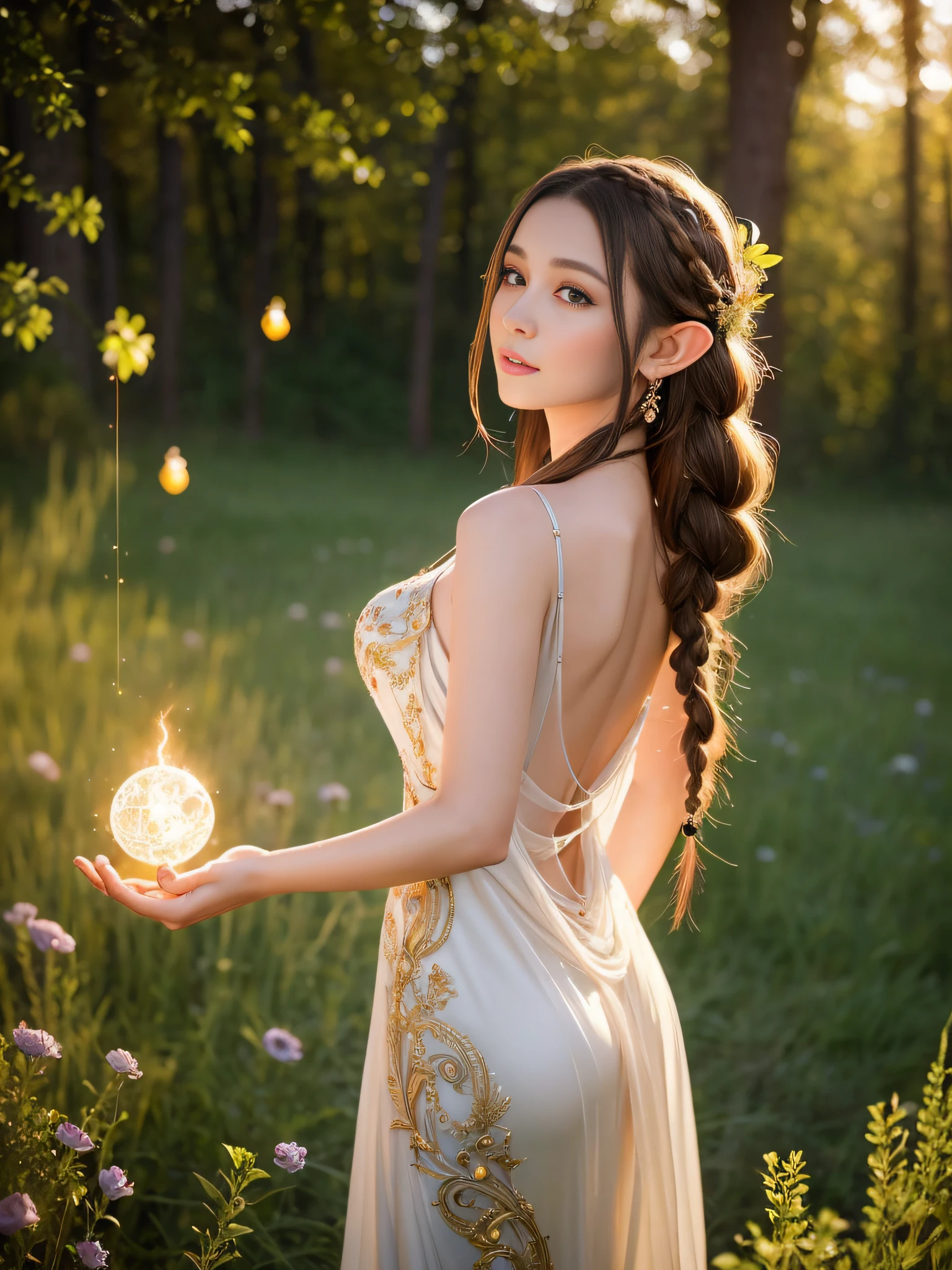 A graceful elf girl stands in a meadow, her delicate features illuminated by the soft light of the setting sun. Her long, flowing hair cascades down her back, adorned with intricate braids and adorned with sparkling jewels. This stunning painting captures the ethereal beauty of elves. Her slender figure in a silk dress sways in the soft meadow breeze. The artist's attention to detail is evident in the intricate patterns of her dress and the subtle highlights of her luminescence. skin. This breathtaking depiction of an elf girl exudes a sense of enchantment and transports the viewer to a magical world. The beautiful elf magician is awe-inspiring as she holds a magician's staff, uses fireball magic, and is about to defeat the Demon King with explosion magic.