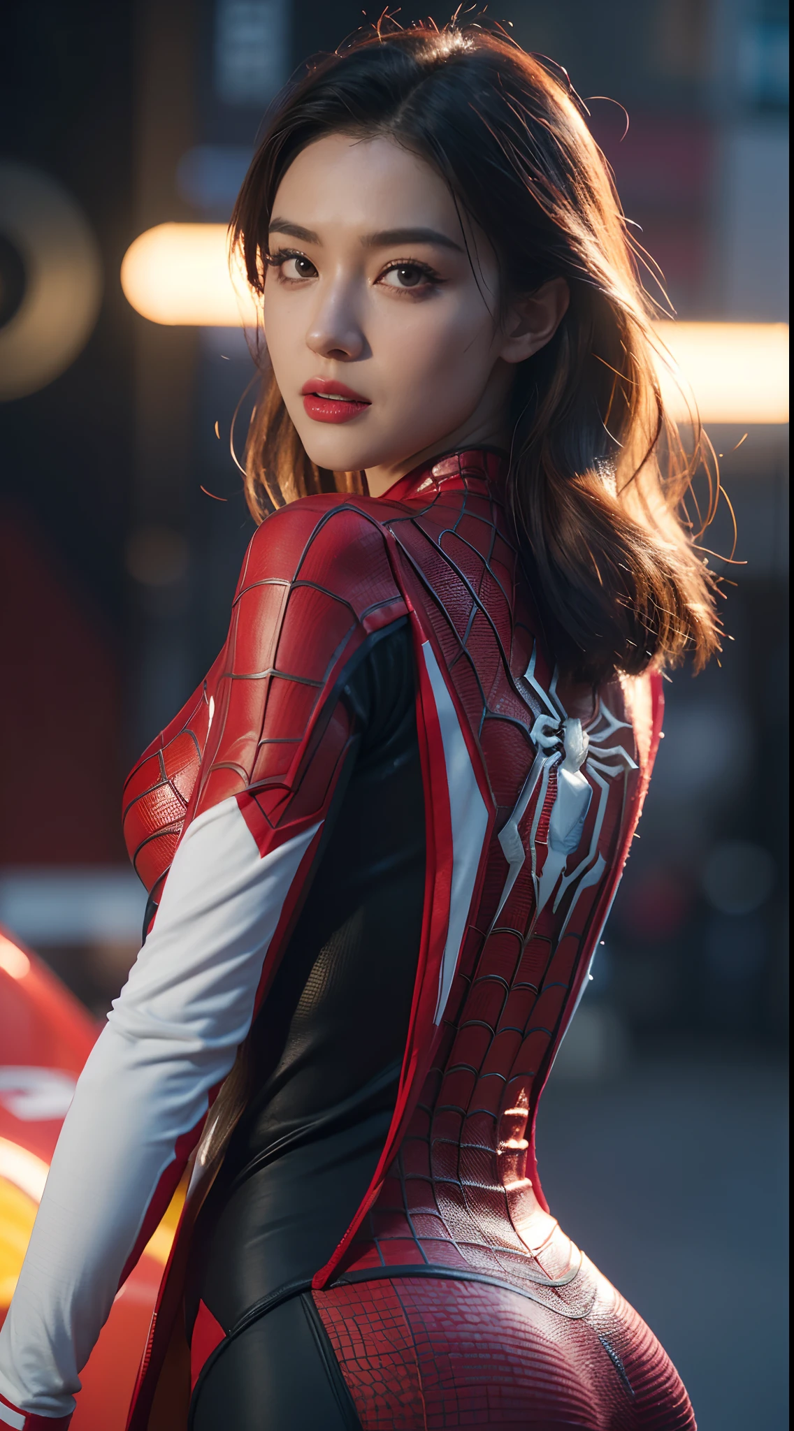 Close-up of Spider-Man in red and white costumes, colorful vivid octane render, cybernetic and highly detailed, loba andrade from apex legends, created in unreal engine 5, made in unreal engine 5, trending on unreal engine 5, anfas portrait of a mech warrior, fantasy style 8 k octane render, rendered in unreal 5, rendered in high octane