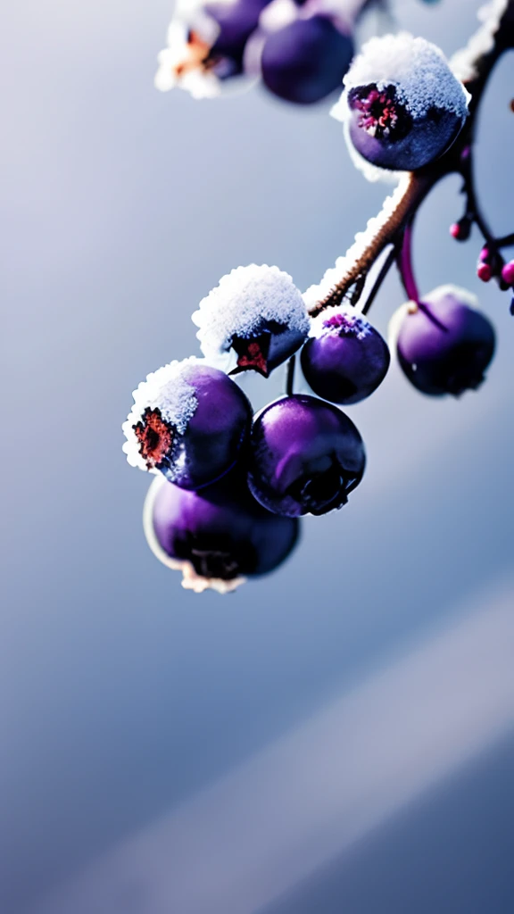 On the frozen branches grow purple blueberries,There is frost on the blueberries,Early winter weather,Blur hazy background,first person perspective
