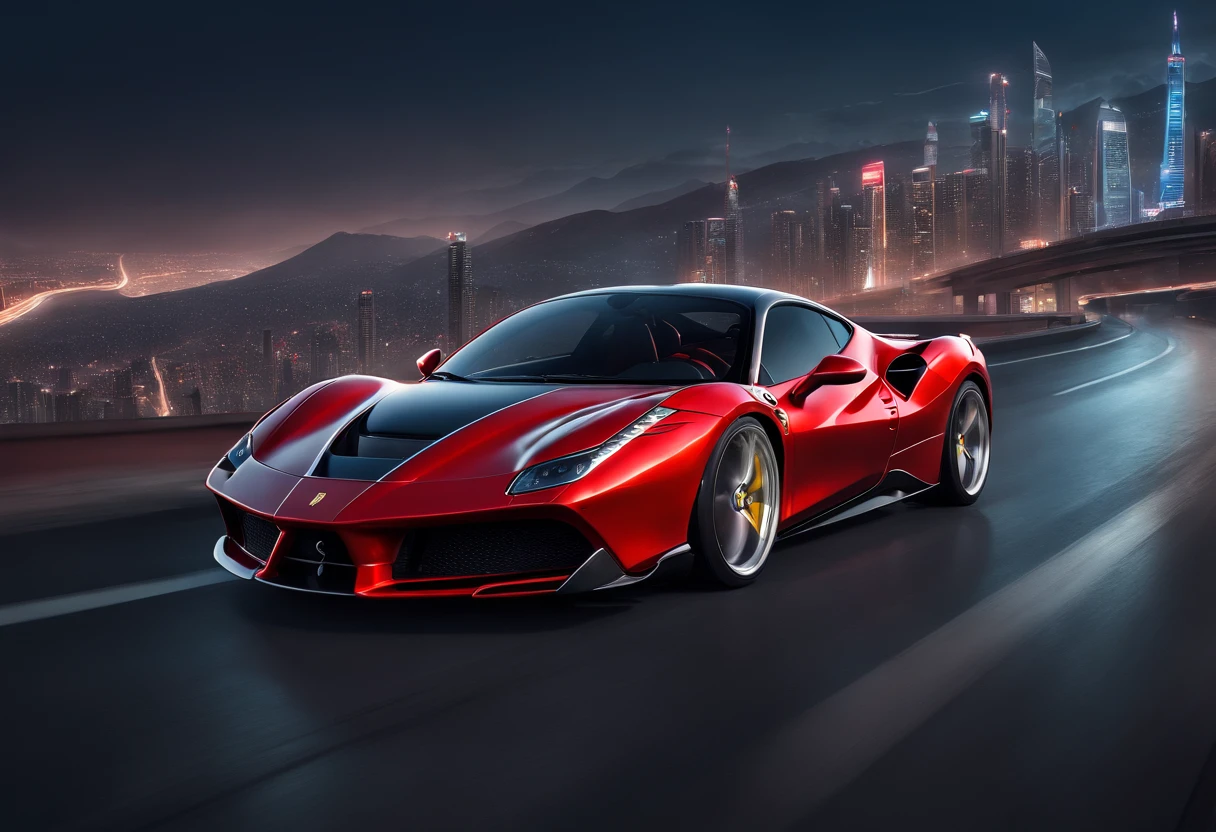 (Best quality, 8k, Masterpiece :1.2), hyper realistic, cyberpunk, at a mountain, an detailed red Ferrari 488, Speeding on the highway, (Facing the audience), The blue skyscraper in the background, at night,