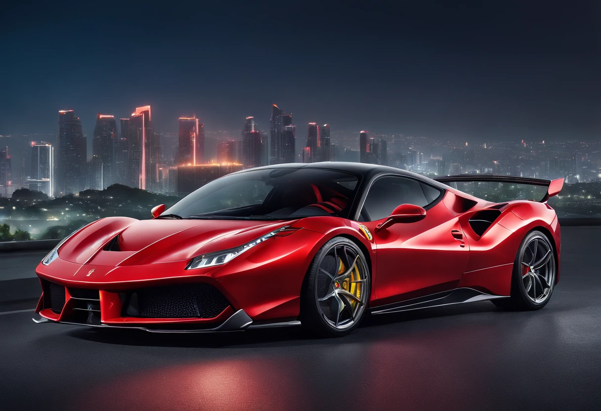 (Best quality, 8k, Masterpiece :1.2), hyper realistic, cyberpunk, at a mountain, an detailed red Ferrari 488, Speeding on the highway, (Facing the audience), The blue skyscraper in the background, at night,