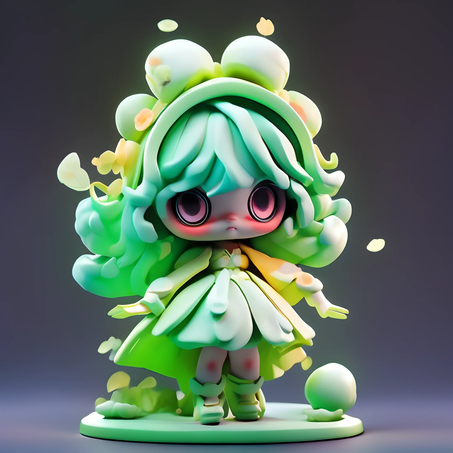 Doll doll design,Mango-shaped doll,Yellow-green gradient body,adorable big eyes,A few leaves on the head,Pouting than heart pose,facing to audience,Dumb cute,adolable,True light and shadow tracking,hyper-high detail,
