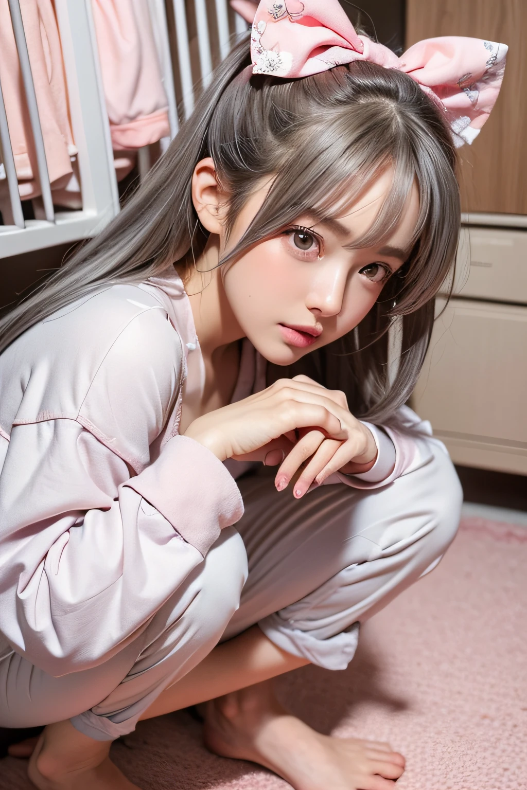 masutepiece, Best Quality, super detailed, Illustration, Beautiful detailed eyes, close up, girl with. I have gray hair, pink bows, White pajamas. Squatting on the ground、Chrumming through the clothes basket
