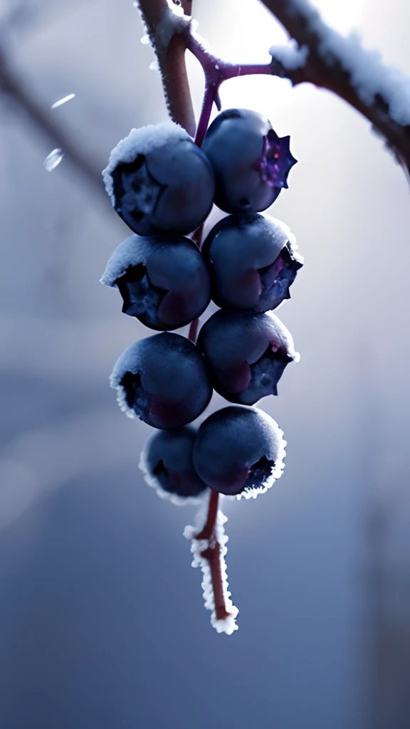 On the frozen branches grow purple blueberries,There is frost on the blueberries,Early winter weather,Blur hazy background,first person perspective
