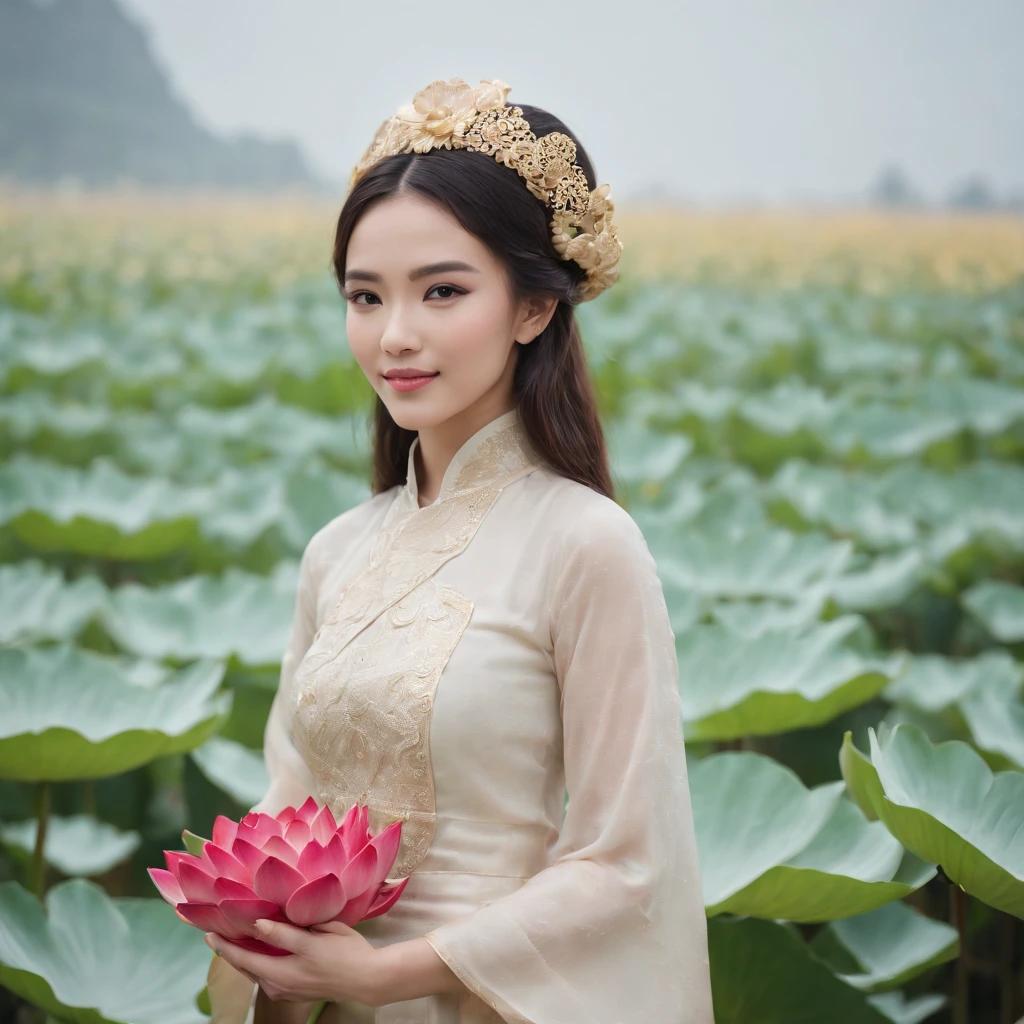 image of girl wearing ao dai holding a bunch of lotus flowers, cute and beautiful, high resolution photo, sharpness, face with coins, long hair, wearing a conical hat, welcoming guests, provocative and sexy pose , whole body