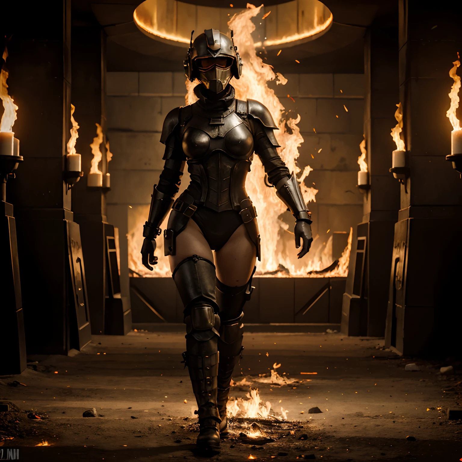 Flaming female Wolfenstein soldier, on fire, flames, menacing, evil, villainous, full body, armor, full face mask, Wolfenstein style armor, helmet, Wolfenstein, high resolution, detailed, 4k, anime style, walking through fire, fire, hell Wolfenstein soldier, big fire, walking on fire, walking while on fire, anime style, line art, busty