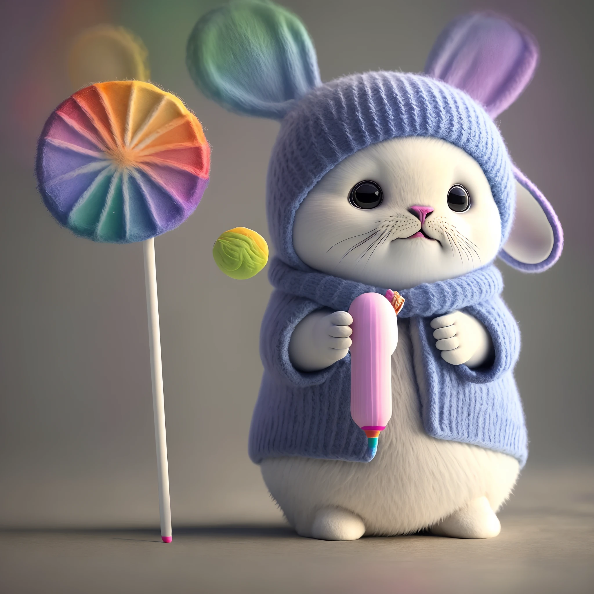 the seal animal wearing rainbow propeller hat and holding a rainbow lollipop