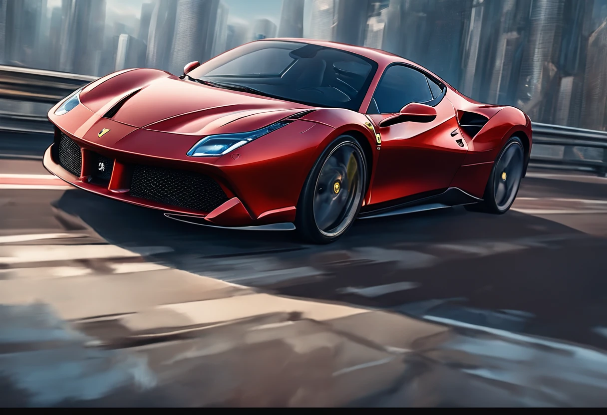 (Best quality, 8k, Masterpiece :1.2), hyper realistic, cyberpunk, at a mountain, an detailed red Ferrari 488, Speeding on the highway, (Facing the audience), The blue skyscraper in the background, at night,