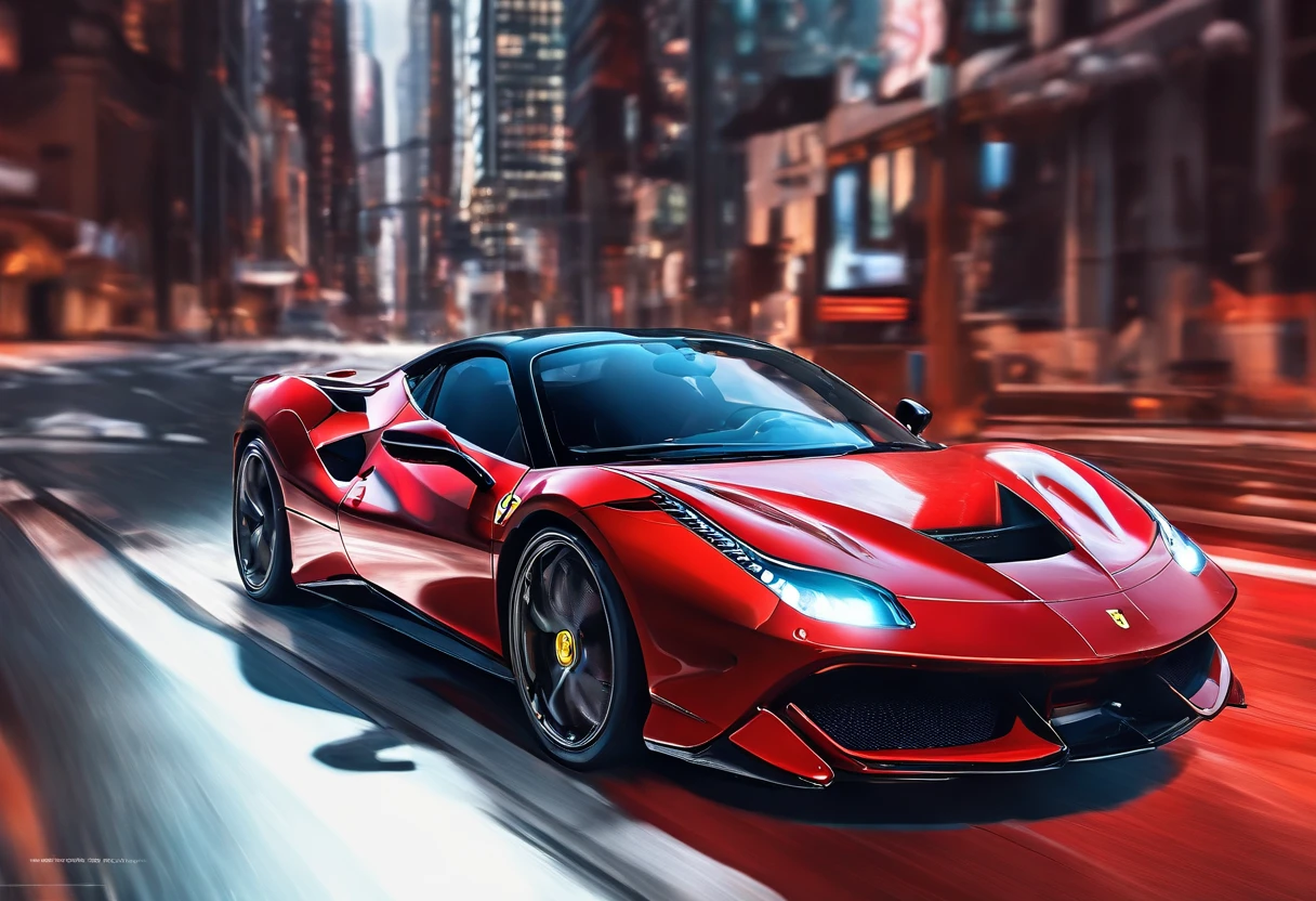 (Best quality, 8k, Masterpiece :1.2), hyper realistic, cyberpunk, at a mountain, an detailed red Ferrari 488, Speeding on the highway, (Facing the audience), The blue skyscraper in the background, at night,