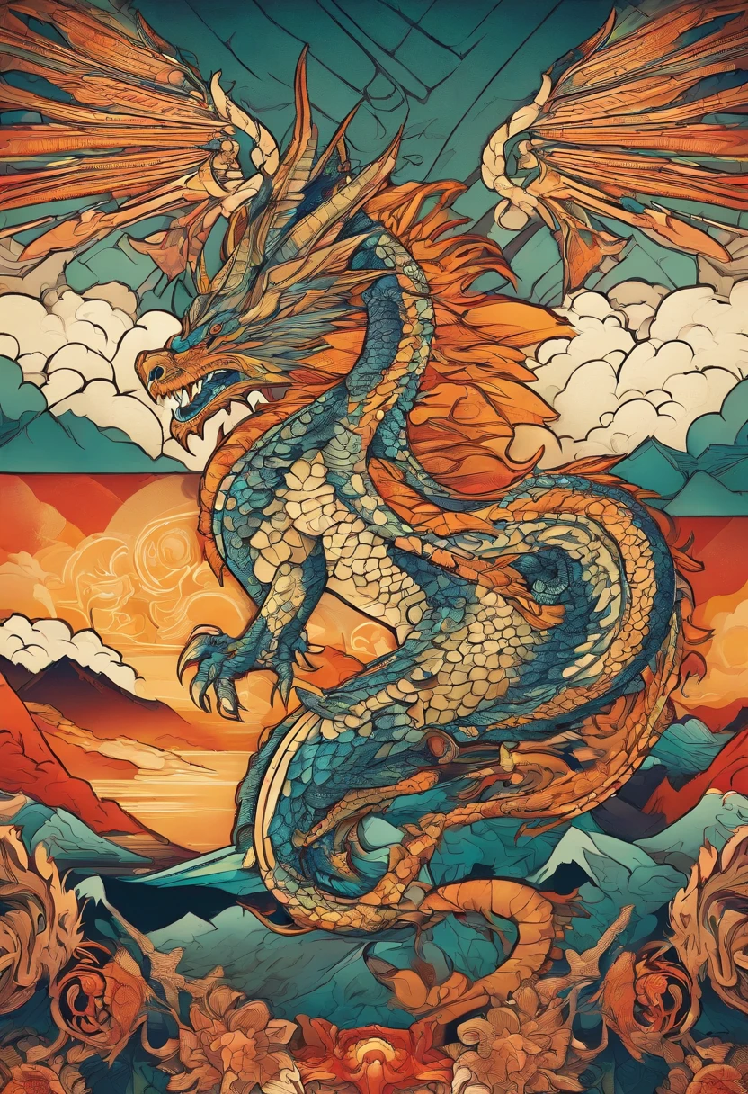 A dragon,hand-drawn style,detailed scales and wings,majestic and powerful,curling claws and sharp teeth,large and intimidating presence,fiery breath,mythical creature,flying in the sky,castles and mountains in the background,best quality and ultra-detailed,traditional art,rich and vibrant colors,fantasy genre,shadows and highlights,illuminated by sunlight.
