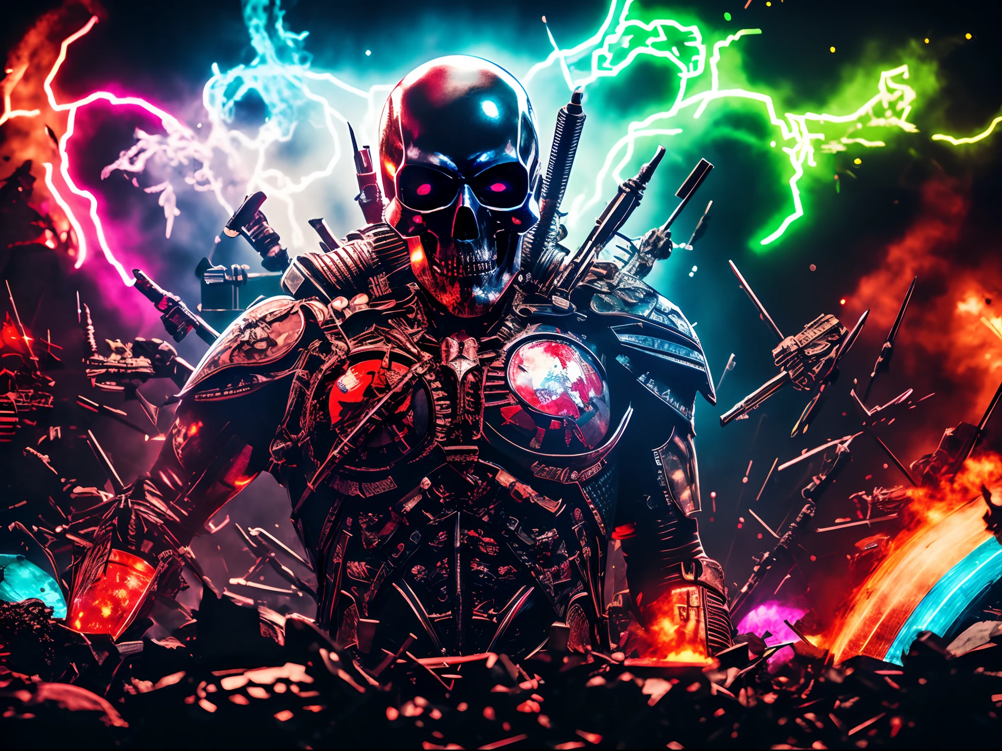 pixel sorted，Superhero skull，(Blood Art:1.2)，Blood-stained battle flags，steampunc，Metal polished skeleton painting of man on black background,Various weapons surround the skull，Form different structures， breath-taking rendering, Magical rainbow elements,Splendid round rainbow combination，circular composition，Solo