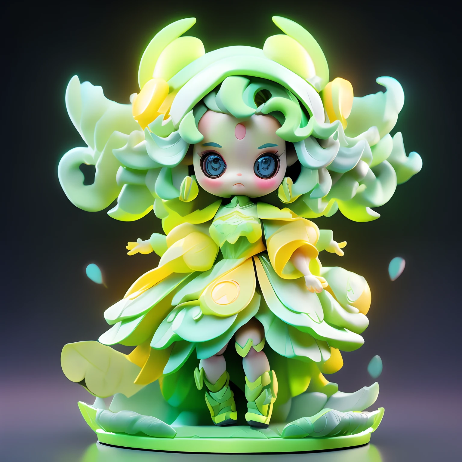 Doll design,Mango-shaped doll,Yellow-green gradient body,adorable big eyes,A few leaves on the head,Pouting than heart pose,facing to audience,Dumb cute,adolable,True light and shadow tracking,hyper-high detail,