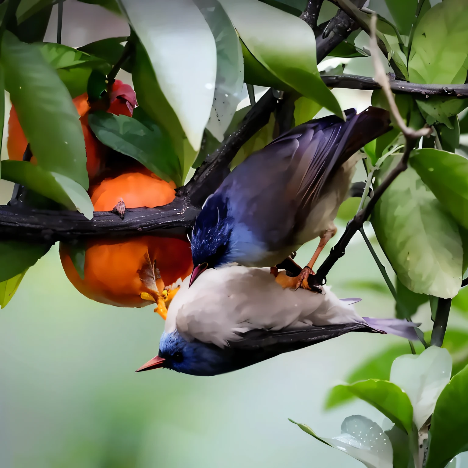 There are two birds eating on the branches, Natural light, isometry, Nice feathers，high detal, harmony of nature, Bird, Natural beauty, blue and orange, focused photo, hard morning light