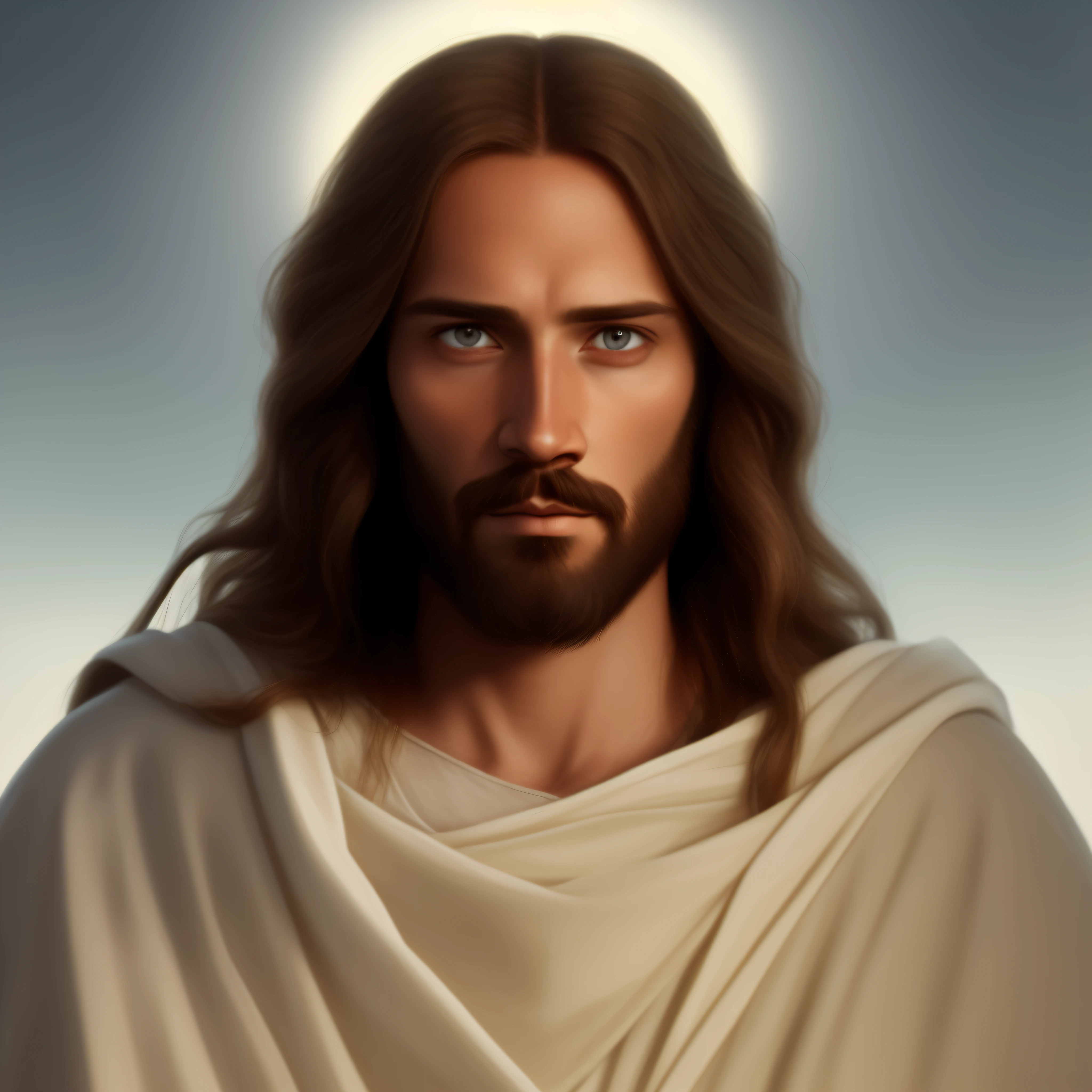 Realistic image of Jesus Christ, serene face, long hair, beard and mustache, wearing light clothing