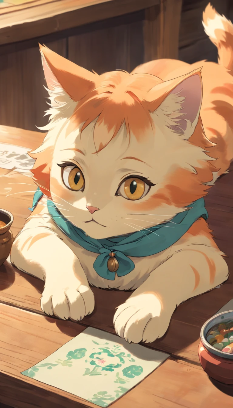 Kitten side head paws lying on the table