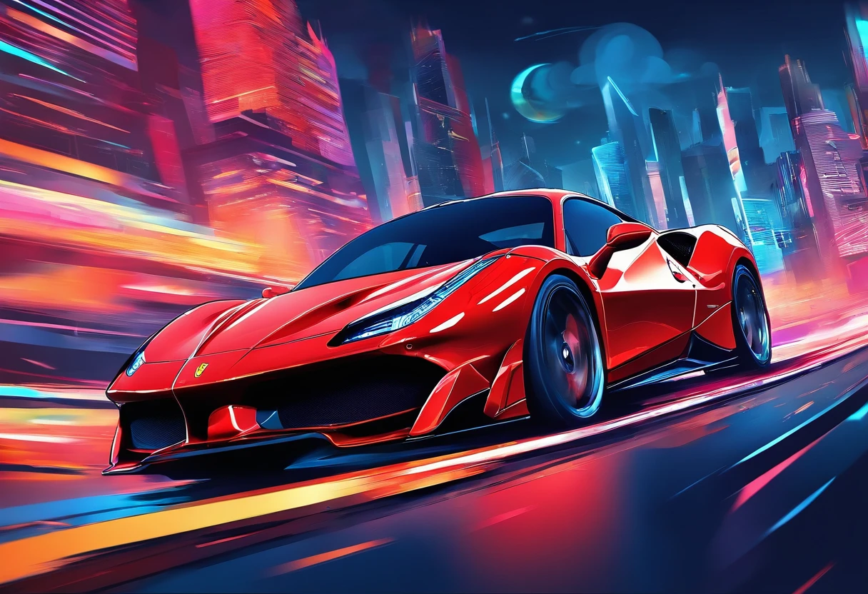 (Best quality, 8k, Masterpiece :1.2), hyper realistic, cyberpunk, at a mountain, an detailed red Ferrari 488, Speeding on the highway, (Facing the audience), The blue skyscraper in the background, at night,