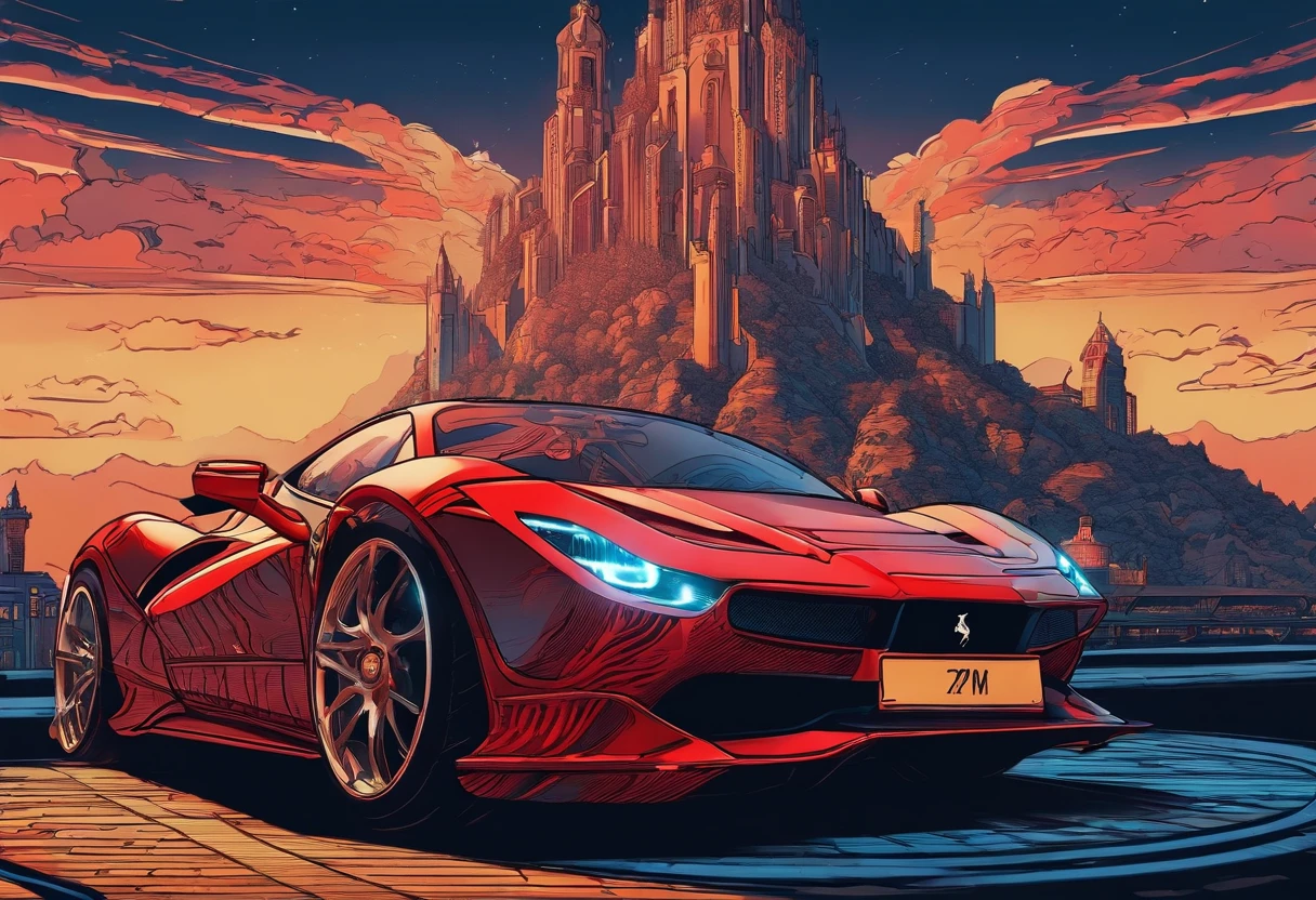 (Best quality, 8k, Masterpiece :1.2), hyper realistic, cyberpunk, at a mountain, an detailed red Ferrari 488, Speeding on the highway, (Facing the audience), The blue skyscraper in the background, at night,