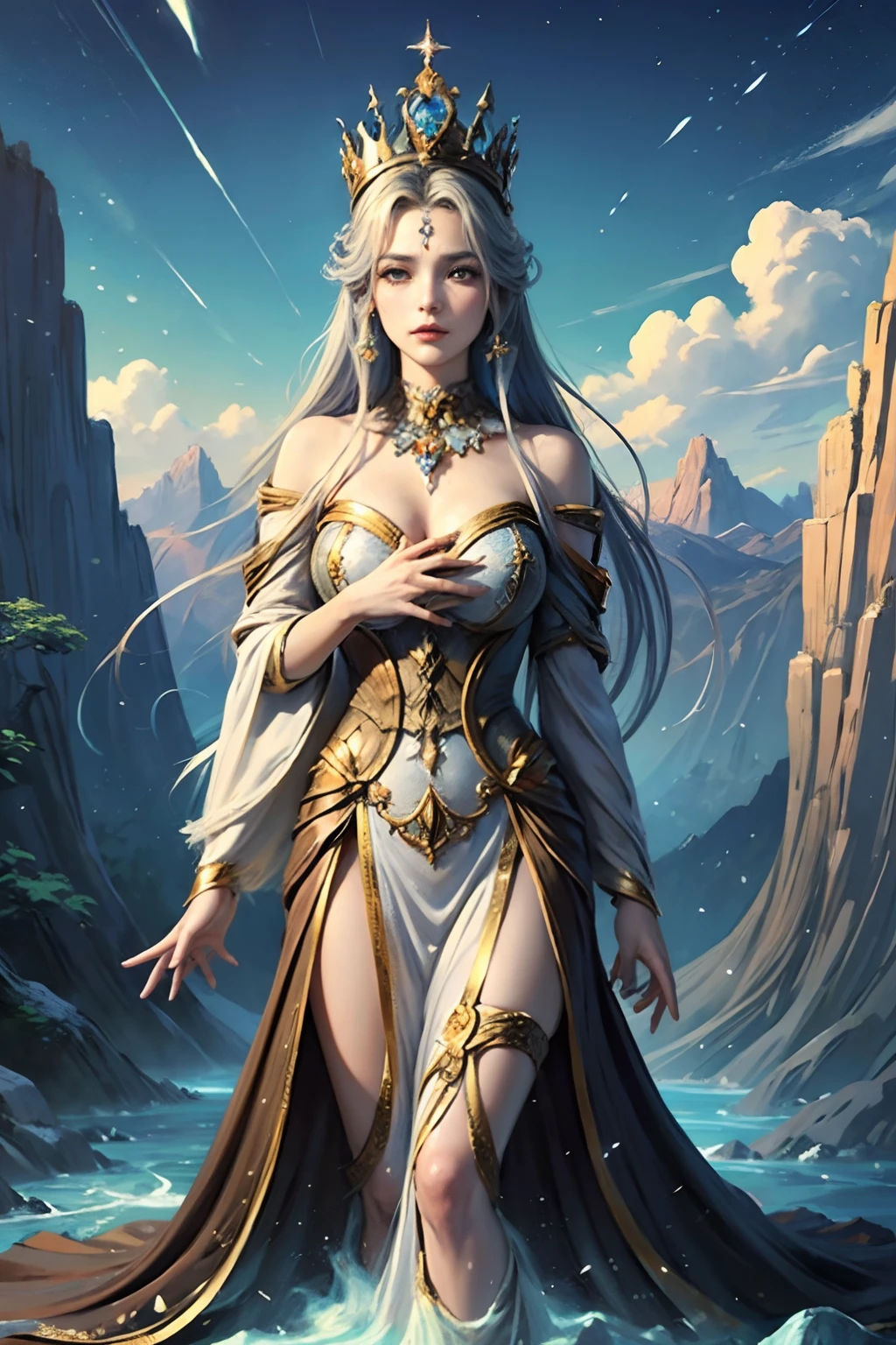 "(Masterpiece, Top Quality: 1.2), Official Art, Earth Goddess, Towering Over Mountains and Rivers, Holding the Planet Earth, Eyes (Deep Earthly Gaze: 1.3), Crown Adorned with Elements of Nature, (Gown of Majestic Landscapes: 1.4), (Immense Stature Amidst Earth's Beauty: 1.1), (Natural Background: 1.5), (Aura of Earthly Grandeur), Nature as Her Domain."