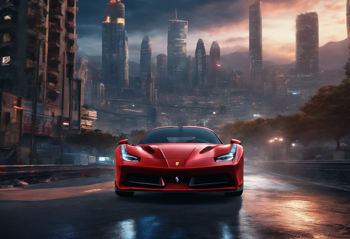 (Best quality, 8k, Masterpiece :1.2), hyper realistic, cyberpunk, at a mountain, an detailed red Ferrari 488, Speeding on the highway, (Facing the audience), The blue skyscraper in the background, at night,