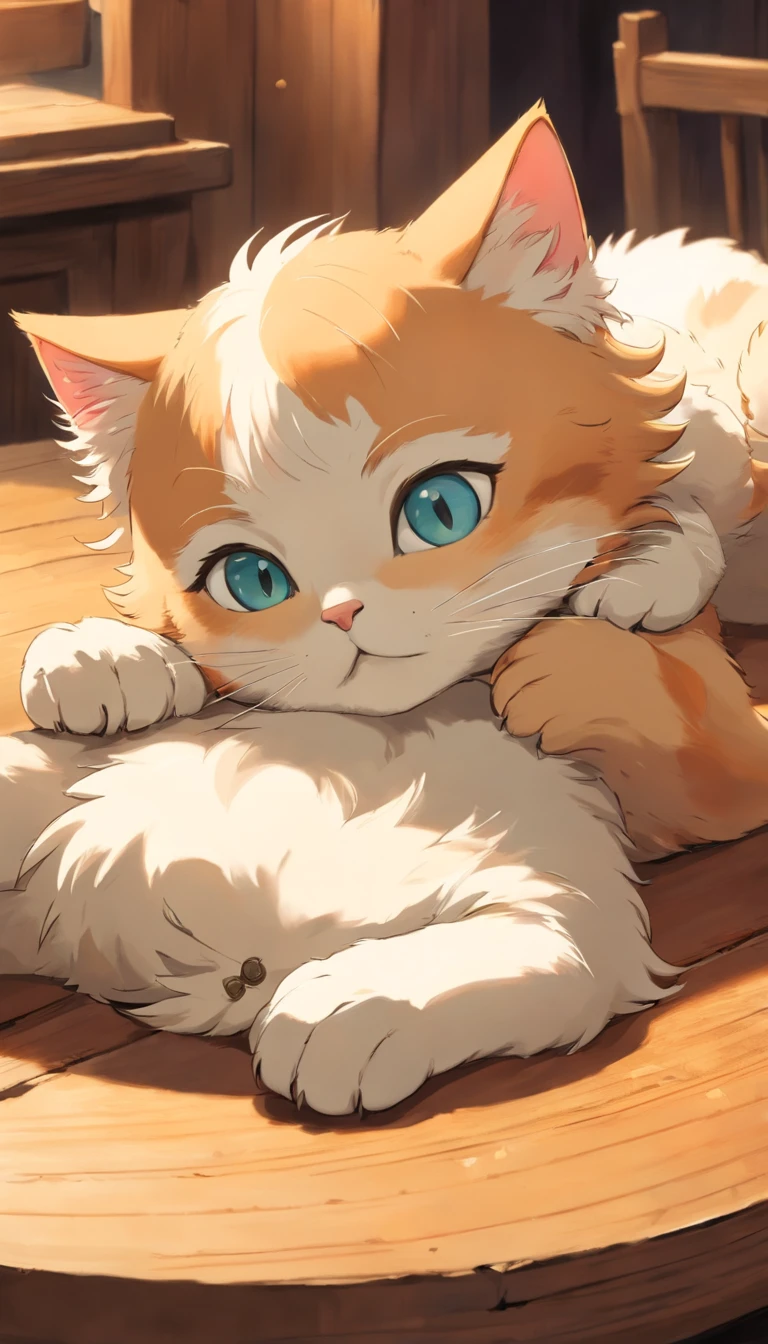 Kitten side head and paws lying on the table