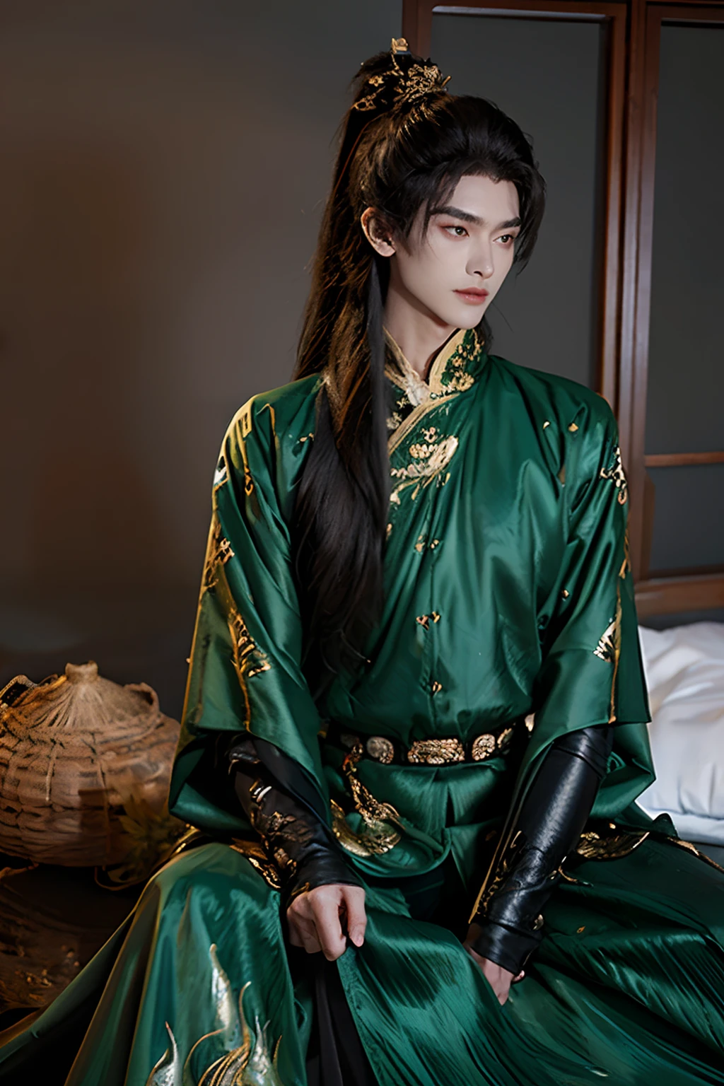 masterpiece,(masterpiece, top quality, best quality),(((realistic))),(3d:1.2),jewelry,long hair,earrings,(1boy:1.3),male focus,solo,hair ornament,ponytail,looking at viewer,chinese clothes, ancient clothes, full body,black hair, handsome, green eyes, green clothes, bamboo, fan, expensive clothing