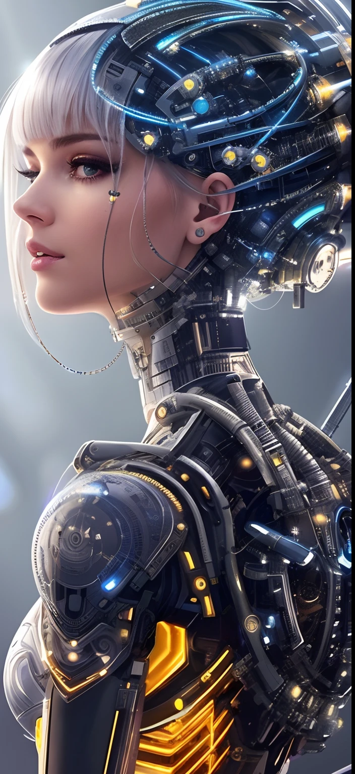 A woman in a futuristic suit,Headdress sci-fi, cyborg - girl, Cyborg girl, beautiful girl cyborg, Cute cyborg girl, beautiful white girl cyborg, cyborg woman, Beautiful digital artwork, belle fille cyborg, intricate transhuman, perfect android girl, beautiful female android!, portrait of female android, cyborg - girl with silver hair