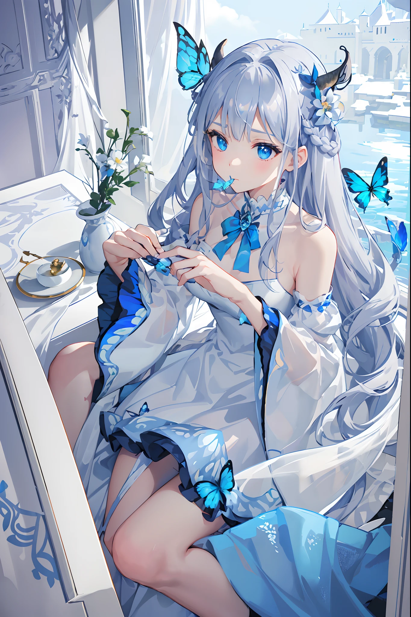 (Overhead Views),Dynamic Angle,Ultra Detail, Illustration, Close Up, Straight, One Girl, (Fantasy:1.4), (Azure Eyes:1.233),Her Eyes Glowed Like Dreamy Stars,(Glowing Eyes:1.233),(Beautiful and Delicate Eyes:1.1),(Silver Hair:1.14),(Unkempt Hair,Very Long Hair,Braids,Between Eyes,Side Locks), (+ (Bull Hair Flower: 1.14)),(Chiffon Dress,Blue Floral Pattern on Uniform)/=(Military Uniform: 1.24),(Sleeveless,Wide Sleeve),(Fingerless Gloves),Choker,(Priestess Niso),High Heels,(Expressionless,Mouth Closed),(Stingling),(Classic Princess Boudoir with Dressing Table and French Window in White Ancient Palace),(White Flower,Flower),(Deep Sea),(Flowing Water),(Dull Blue World Tree:1.14), (Ruins),(Night:1.2 ),Dreamy,Soul,(Fluorescence),(Translucent Blue Butterfly Fly:1.15),[[Delicate Fingers and Hands:0.55]::0.85],(Fine Fingers),(Yubao:0.5),