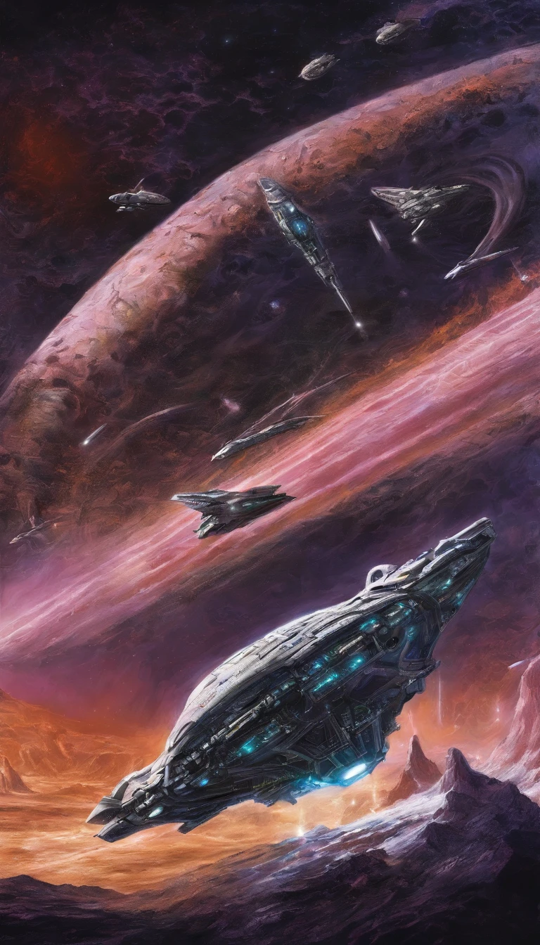 Create an epic interstellar battle scene featuring advanced spacecraft, lasers, and alien species. The backdrop should be a swirling cosmic nebula, and the central focus should be on a heroic group of space explorers defending Earth from an impending extraterrestrial invasion. The design should capture the excitement and intensity of a sci-fi space battle.