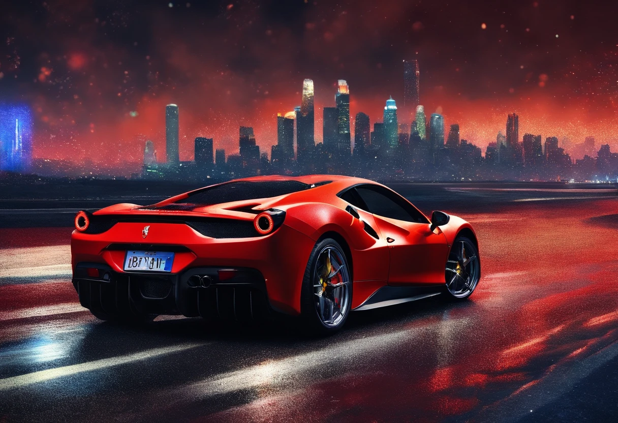 (Best quality, 8k, Masterpiece :1.2), hyper realistic, cyberpunk, at a mountain, an detailed red Ferrari 488, Speeding on the highway, (Facing the audience), The blue skyscraper in the background, at night,