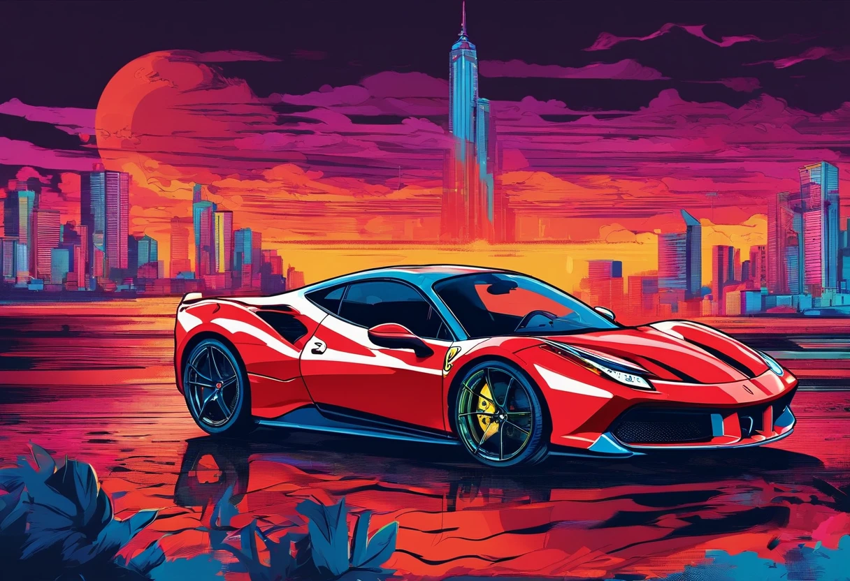 (Best quality, 8k, Masterpiece :1.2), hyper realistic, cyberpunk, at a mountain, an detailed red Ferrari 488, Speeding on the highway, (Facing the audience), The blue skyscraper in the background, at night,