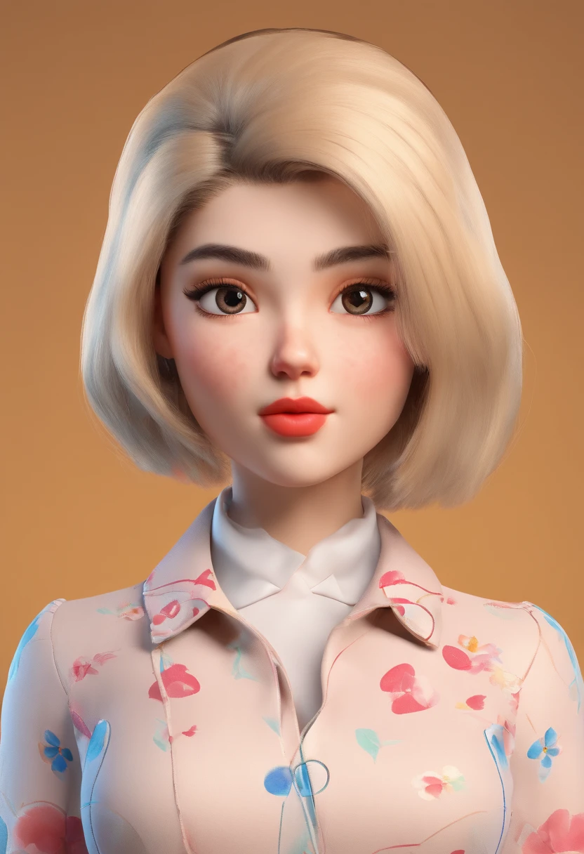 Round face of a girl with big eyes, Short hair slicked back, mouth closed, You can see the ears, looks straight, Doll Appearance, Portrait to the chest, Pattern, No background