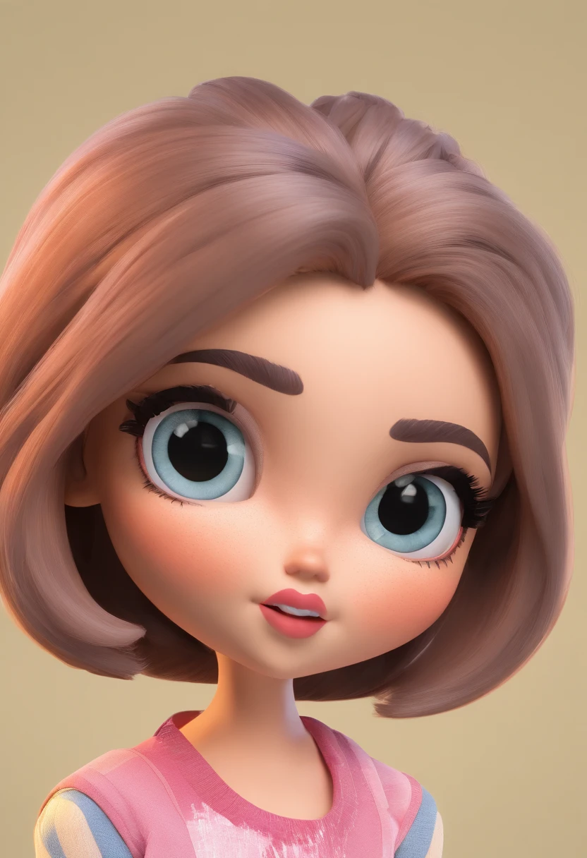 Round face of a girl with big eyes, Short hair slicked back, mouth closed, You can see the ears, looks straight, Doll Appearance, Portrait to the chest, Pattern, No background