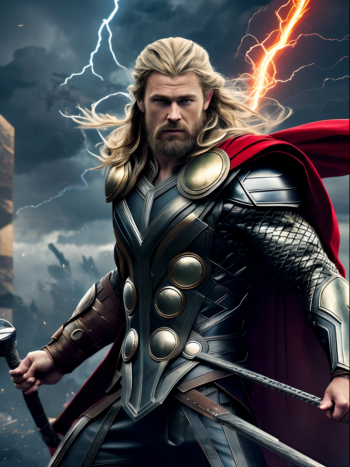 Dynamic representation of Thor, the God of Thunder, wallpaper hd, in the style of vivid energy explosions, 8k, realistic and hyper-detailed renderings, precisionist art, photorealistic scenes, epic, glassy translucence, detailed and intricate environment, unreal engine, strong facial expression.