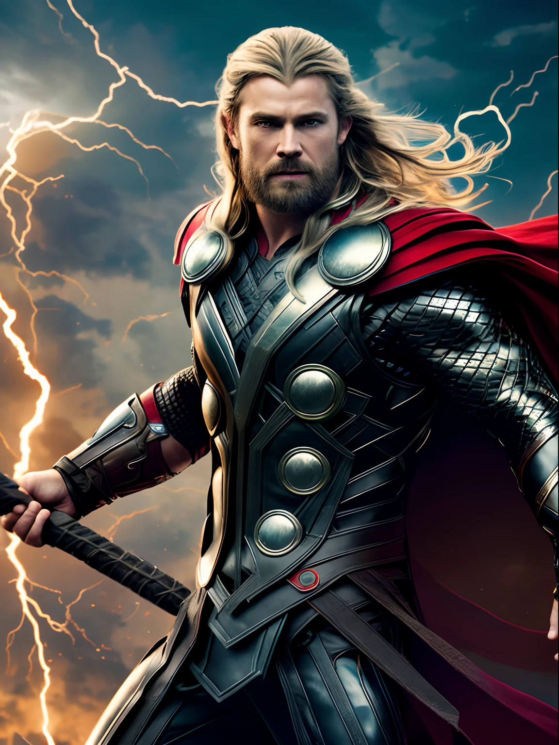Dynamic representation of Thor, the God of Thunder, wallpaper hd, in the style of vivid energy explosions, 8k, realistic and hyper-detailed renderings, precisionist art, photorealistic scenes, epic, glassy translucence, detailed and intricate environment, unreal engine, strong facial expression.