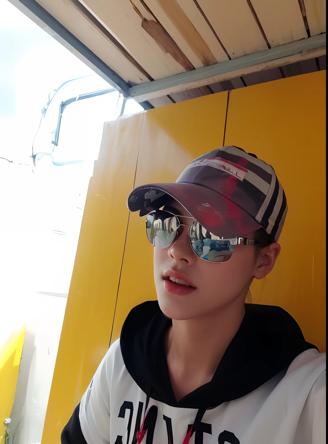 Masterpiece, Best quality, Extremely detailed, Cinematic lightning, intricately details, A high resolution, offcial art, finely detailed beautiful face and eyes, high-resolution illustrations, 8K, Depth of field, Bokeh, Solo, 1boys， A pair of sunglasses, Wear a cap,  Beautiful landscape, rainy city, Upper body, view the viewer, Close up