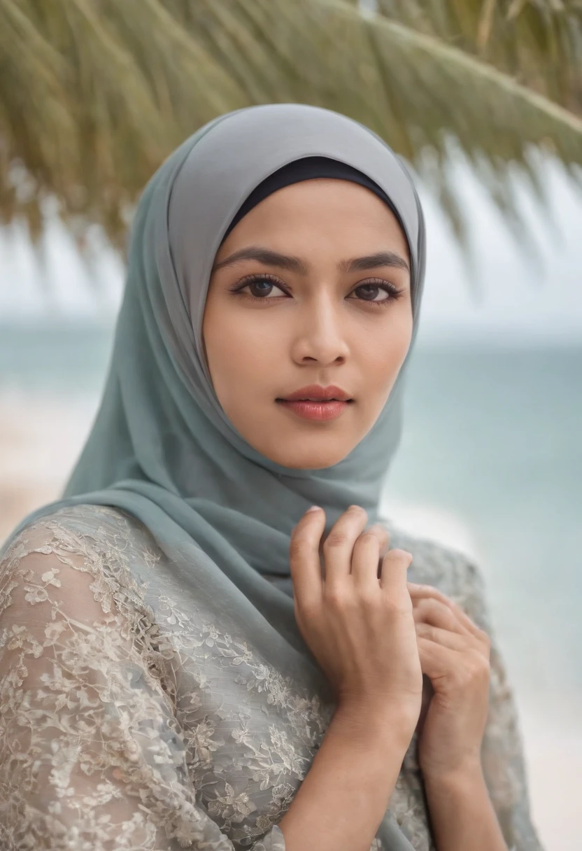 photo taken by a Leica 0-series camera, a Malay woman wearing a hijab undressing on the beach, both hands can be seen above, the photo is taken from the side , closeup face, closeup breasts